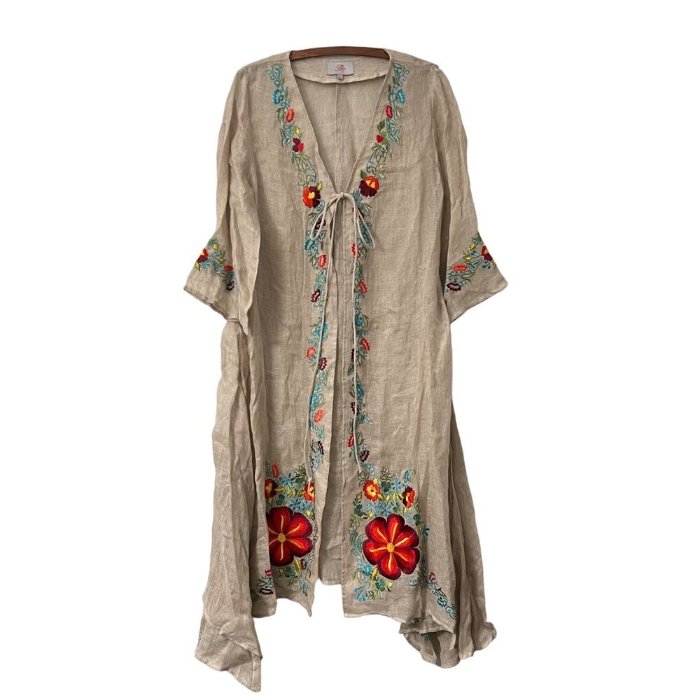 Roja Womens Tan Linen Embroidered Florals Boho Long Duster Cardigan Size Large